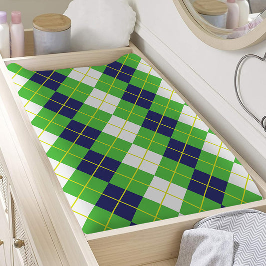 White Green And Navy Argyle Print Changing Pad Cover