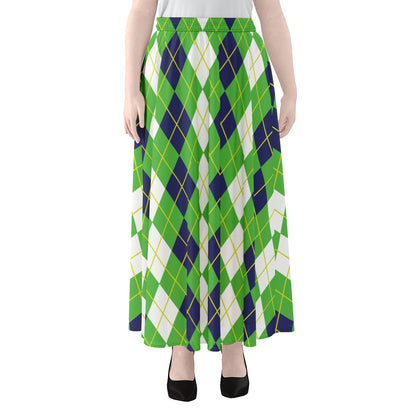White Green And Navy Argyle Print Chiffon Maxi Skirt