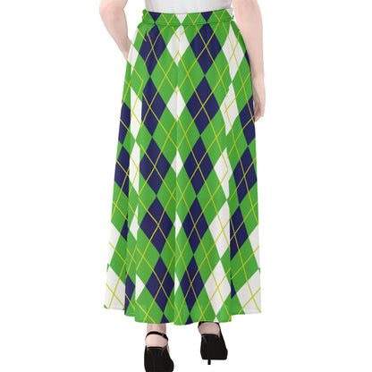 White Green And Navy Argyle Print Chiffon Maxi Skirt
