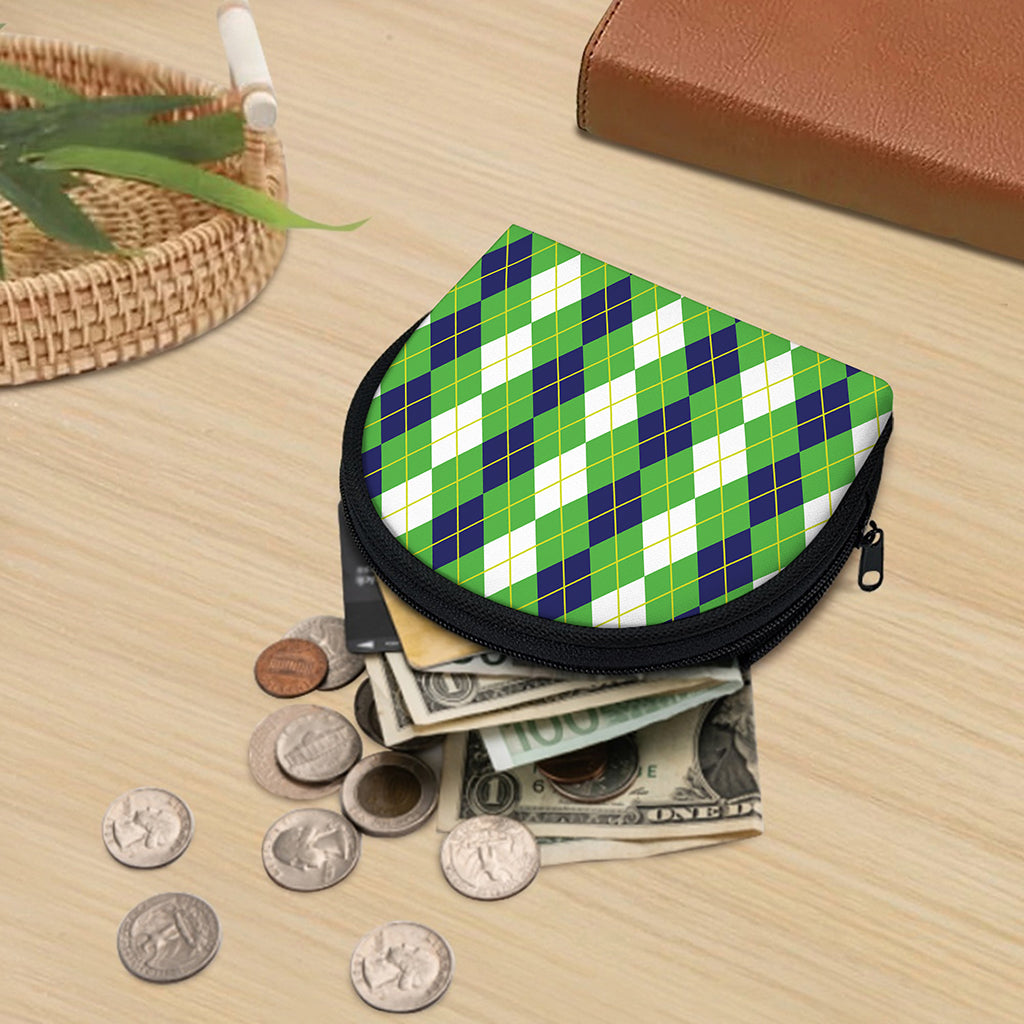 White Green And Navy Argyle Print Coin Purse