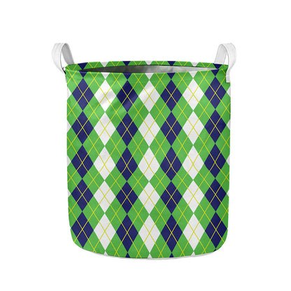 White Green And Navy Argyle Print Collapsible Laundry Basket