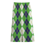White Green And Navy Argyle Print Cotton Front Slit Maxi Skirt