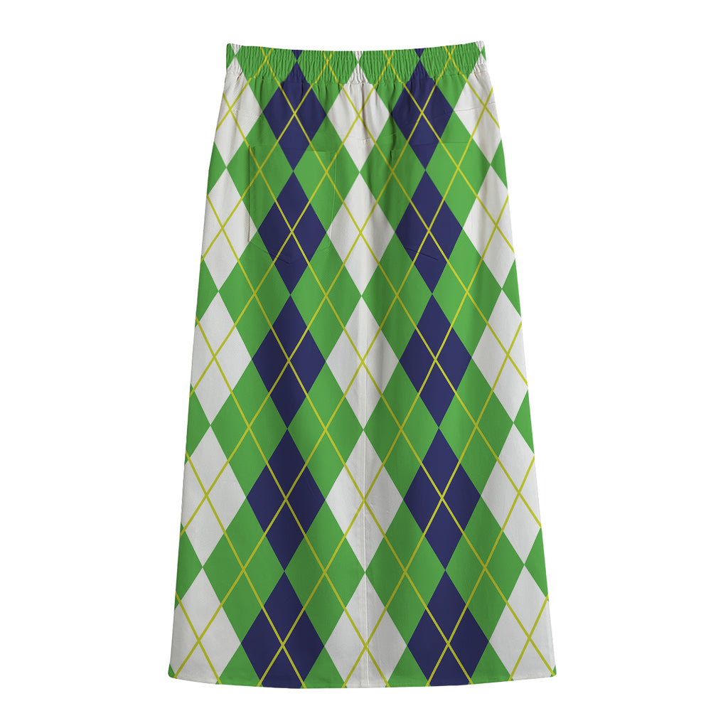 White Green And Navy Argyle Print Cotton Front Slit Maxi Skirt