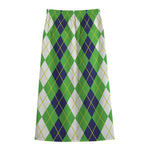 White Green And Navy Argyle Print Cotton Front Slit Maxi Skirt