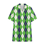 White Green And Navy Argyle Print Cotton Hawaiian Shirt