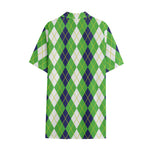 White Green And Navy Argyle Print Cotton Hawaiian Shirt