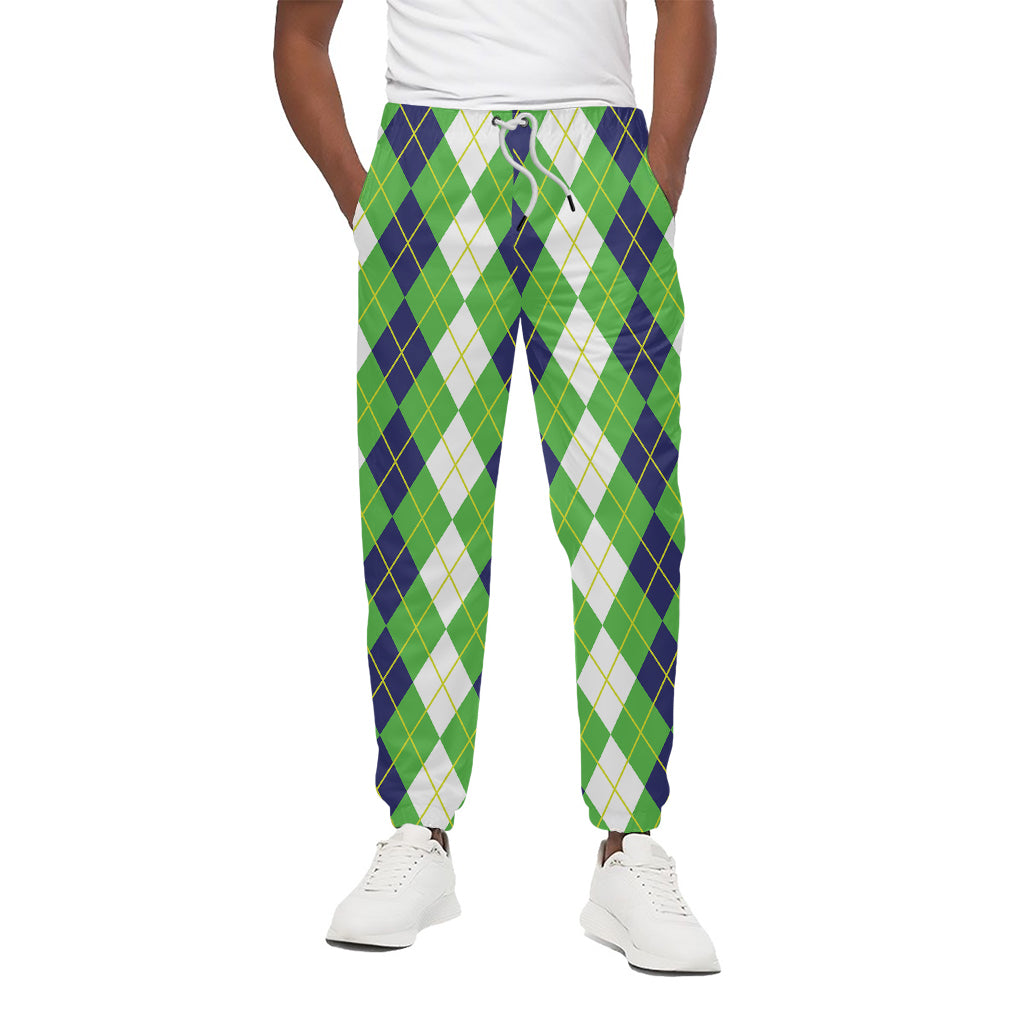 White Green And Navy Argyle Print Cotton Pants