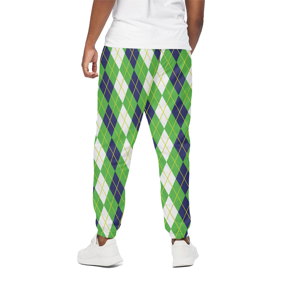 White Green And Navy Argyle Print Cotton Pants