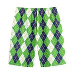 White Green And Navy Argyle Print Cotton Shorts
