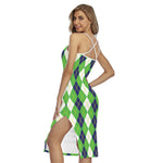 White Green And Navy Argyle Print Cross Back Cami Dress