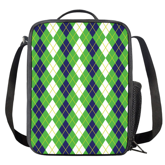 White Green And Navy Argyle Print Crossbody Lunch Bag