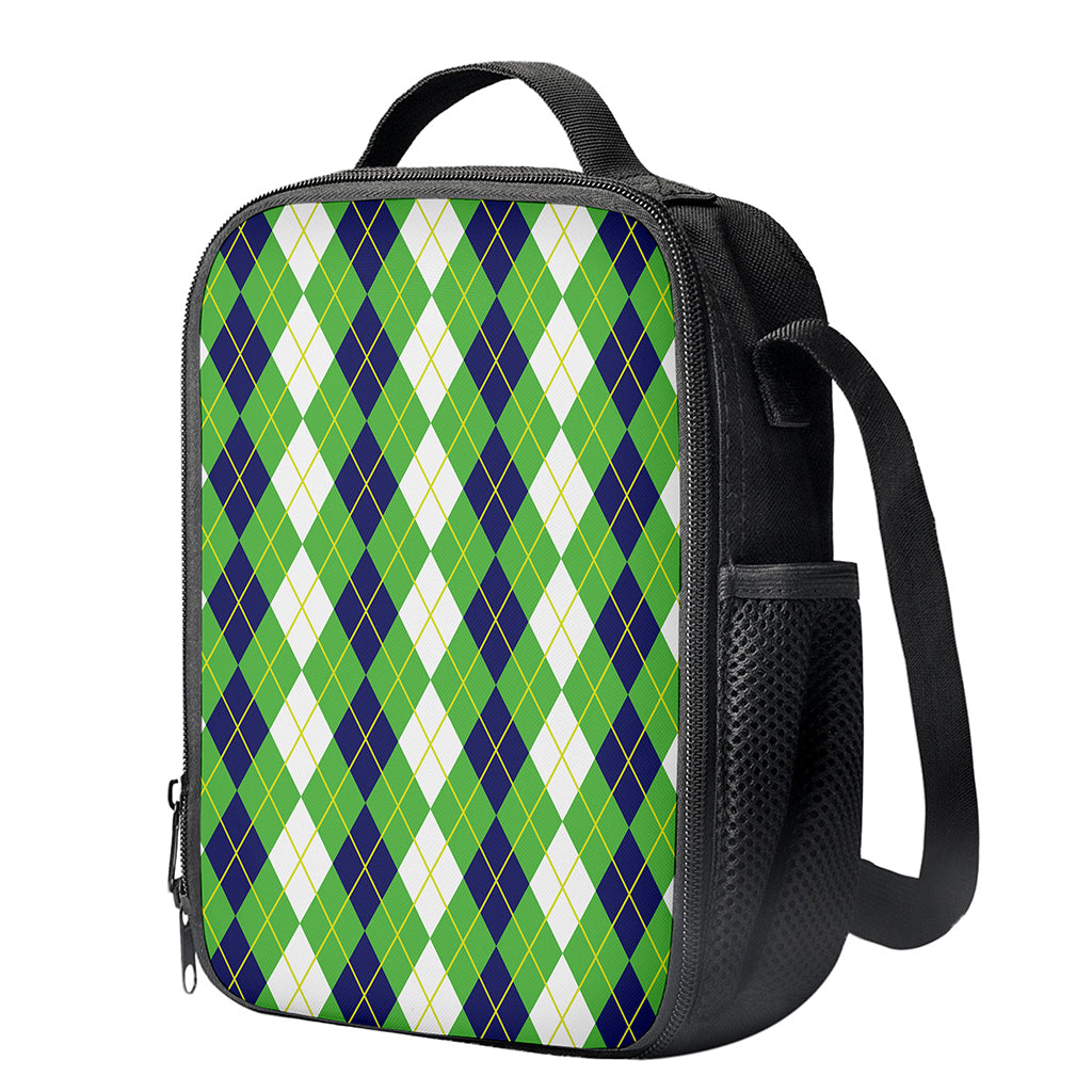 White Green And Navy Argyle Print Crossbody Lunch Bag