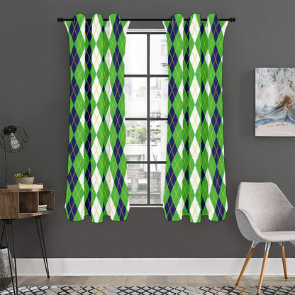 White Green And Navy Argyle Print Curtain
