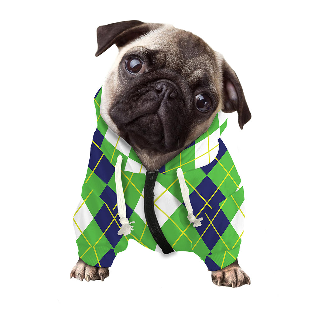 White Green And Navy Argyle Print Dog Zip Up Hoodie