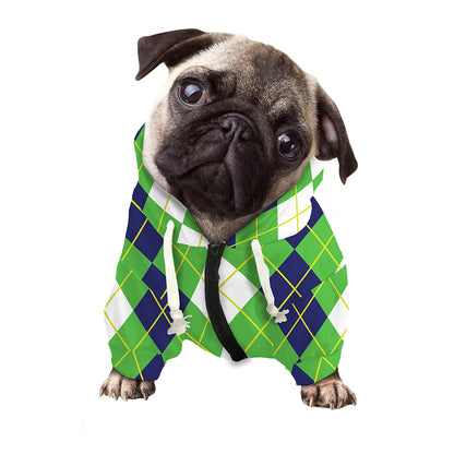 White Green And Navy Argyle Print Dog Zip Up Hoodie