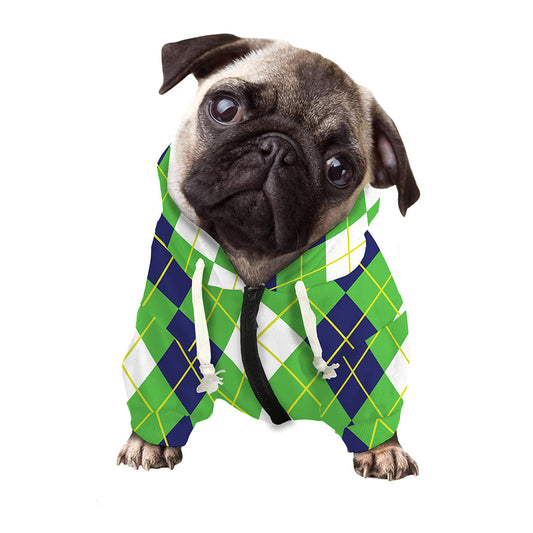 White Green And Navy Argyle Print Dog Zip Up Hoodie