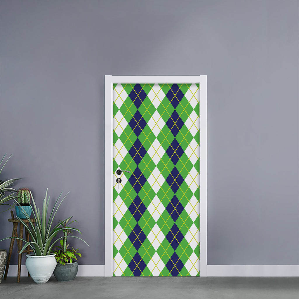 White Green And Navy Argyle Print Door Sticker