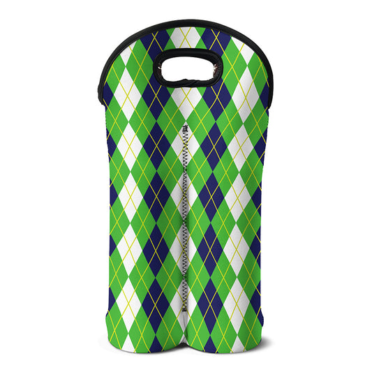 White Green And Navy Argyle Print Double Neoprene Wine Tote