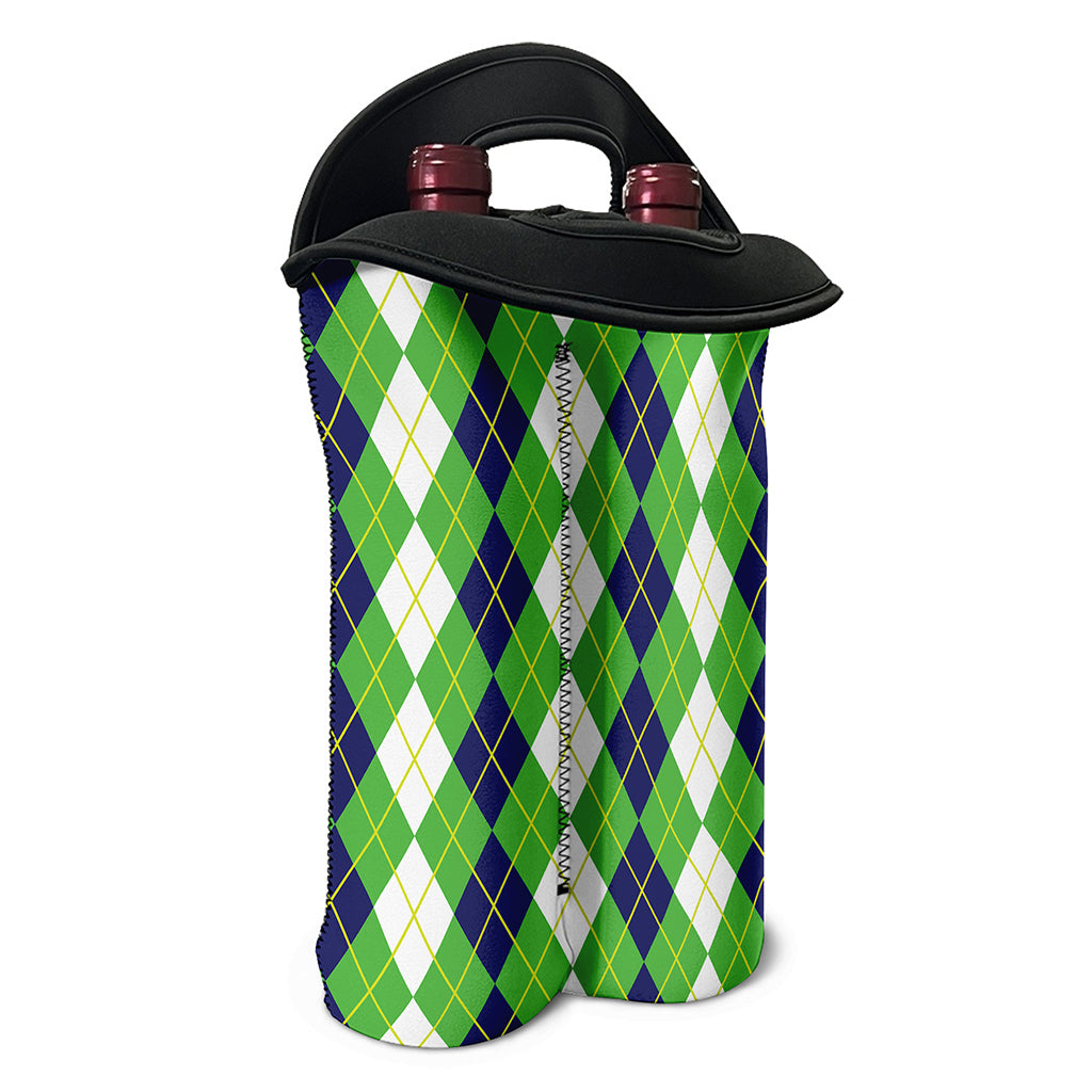White Green And Navy Argyle Print Double Neoprene Wine Tote