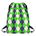White Green And Navy Argyle Print Drawstring Backpack