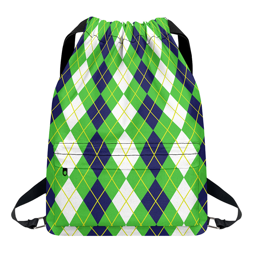 White Green And Navy Argyle Print Drawstring Backpack