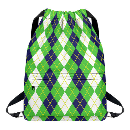 White Green And Navy Argyle Print Drawstring Backpack