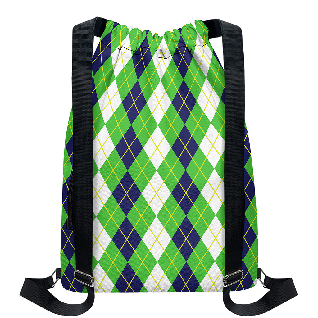 White Green And Navy Argyle Print Drawstring Backpack