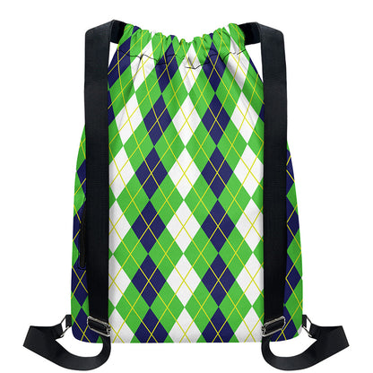White Green And Navy Argyle Print Drawstring Backpack