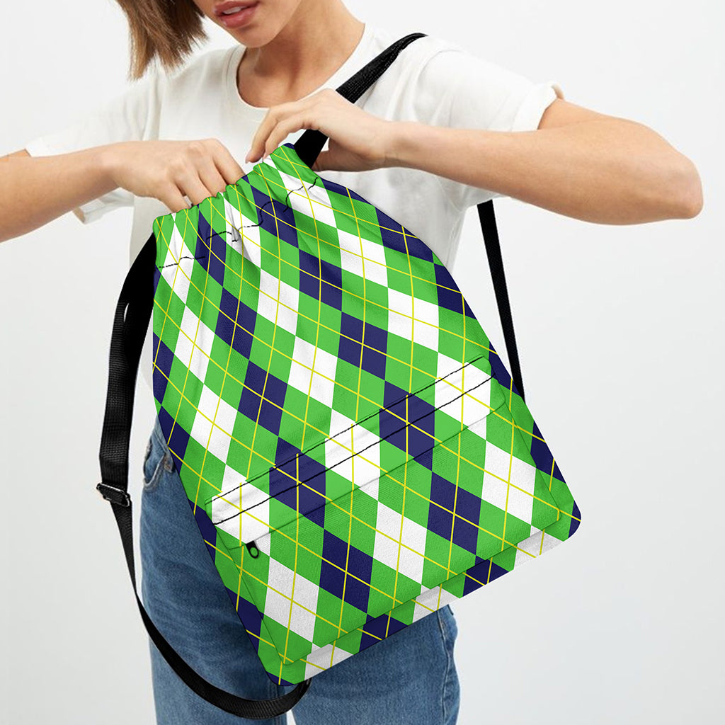 White Green And Navy Argyle Print Drawstring Backpack