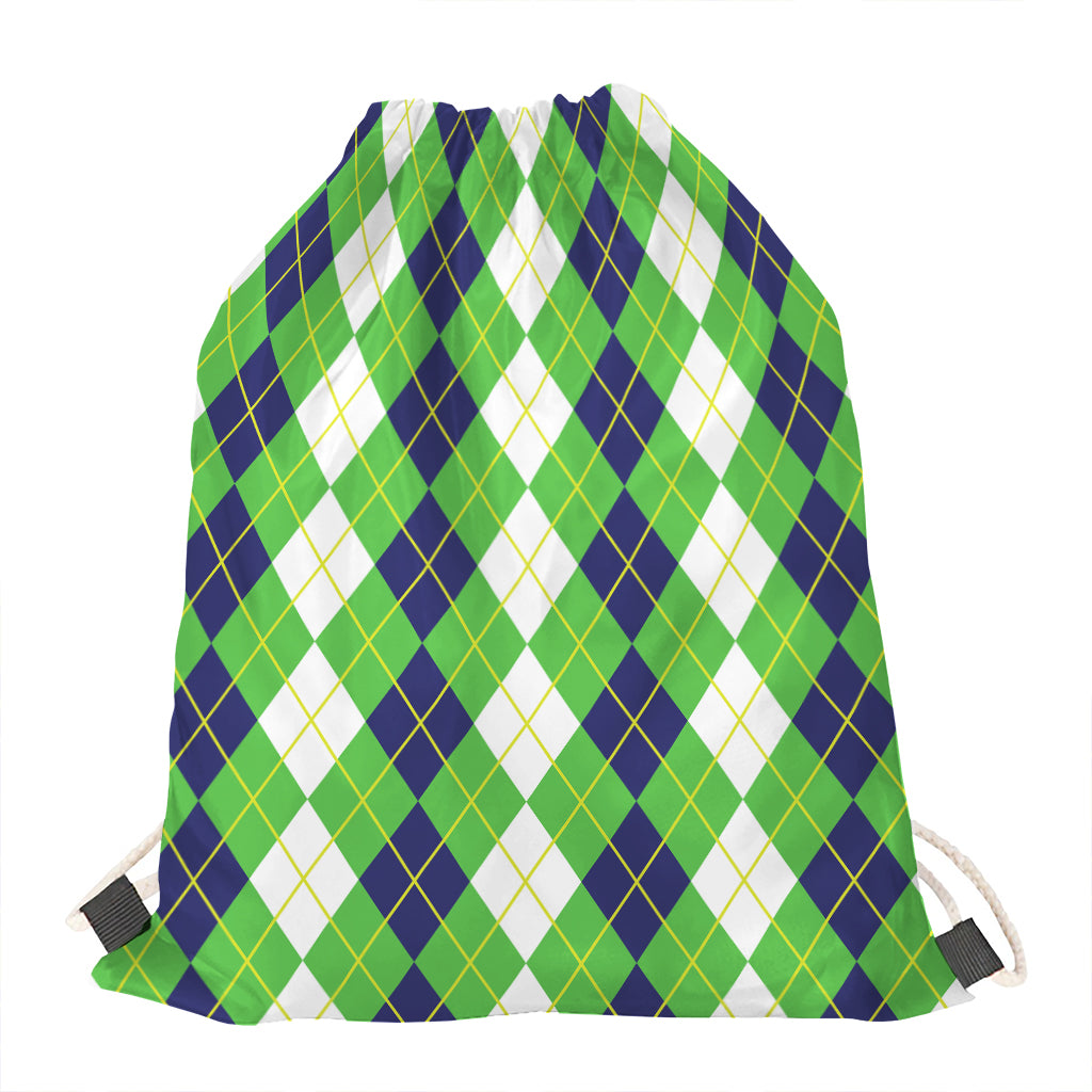 White Green And Navy Argyle Print Drawstring Bag
