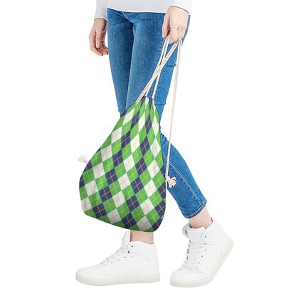 White Green And Navy Argyle Print Drawstring Bag