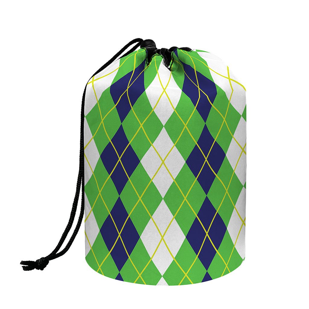 White Green And Navy Argyle Print Drawstring Makeup Bag
