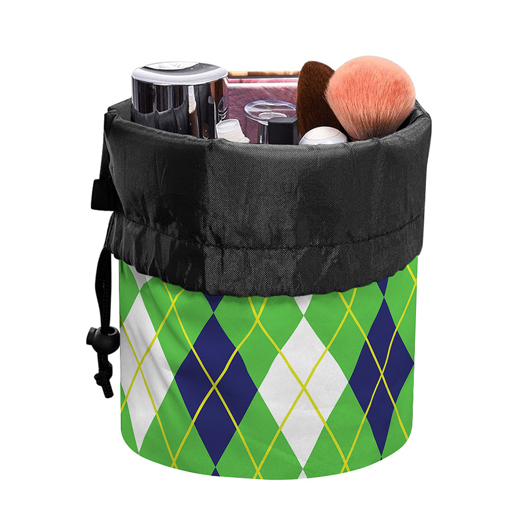 White Green And Navy Argyle Print Drawstring Makeup Bag