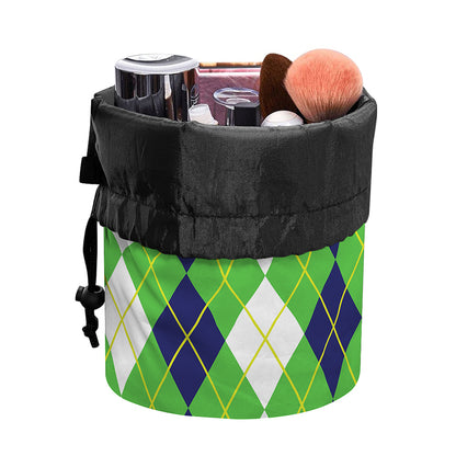 White Green And Navy Argyle Print Drawstring Makeup Bag