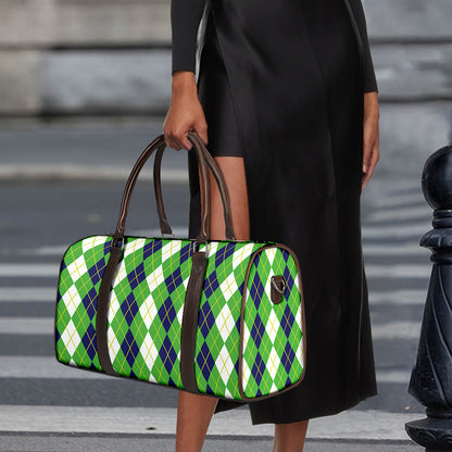 White Green And Navy Argyle Print Duffle Bag
