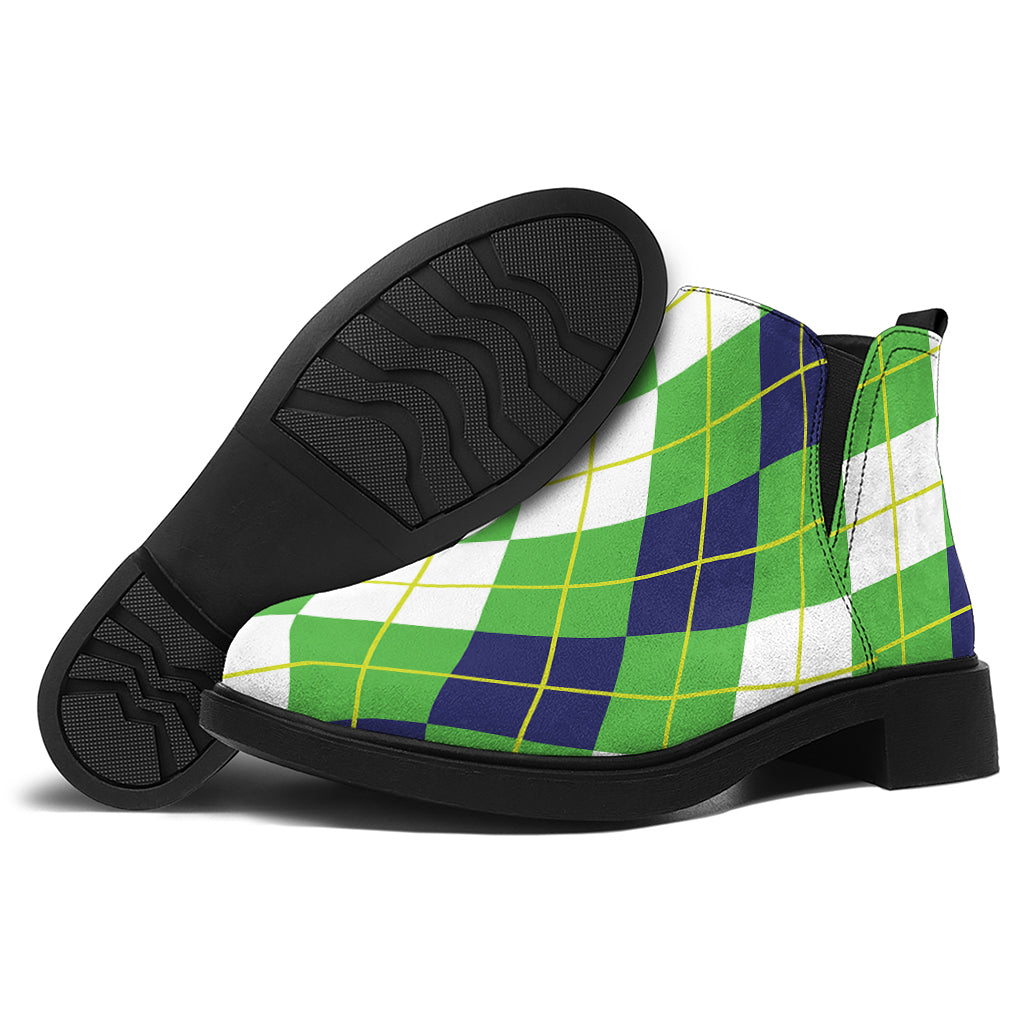 White Green And Navy Argyle Print Flat Ankle Boots