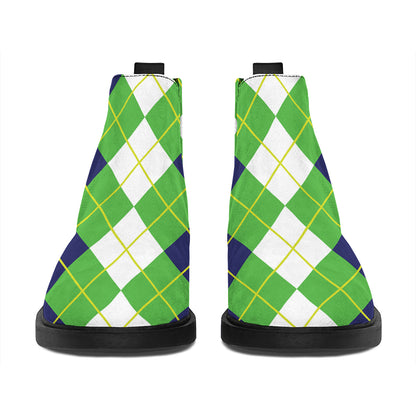 White Green And Navy Argyle Print Flat Ankle Boots
