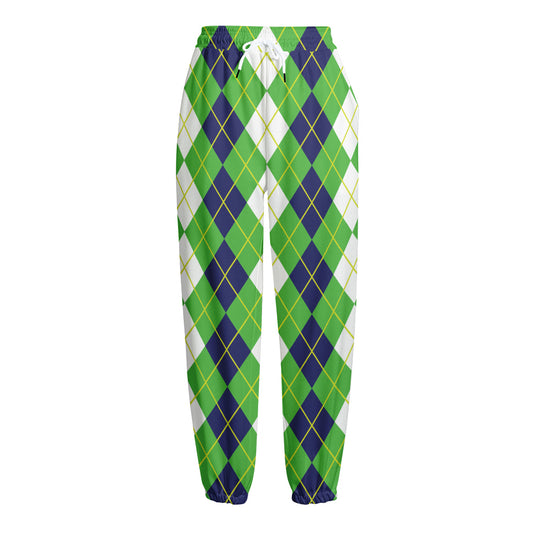 White Green And Navy Argyle Print Fleece Lined Knit Pants