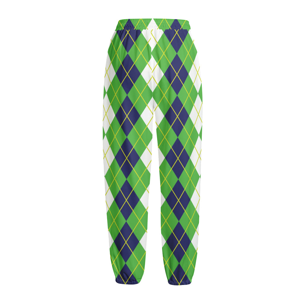 White Green And Navy Argyle Print Fleece Lined Knit Pants