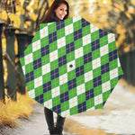 White Green And Navy Argyle Print Foldable Umbrella