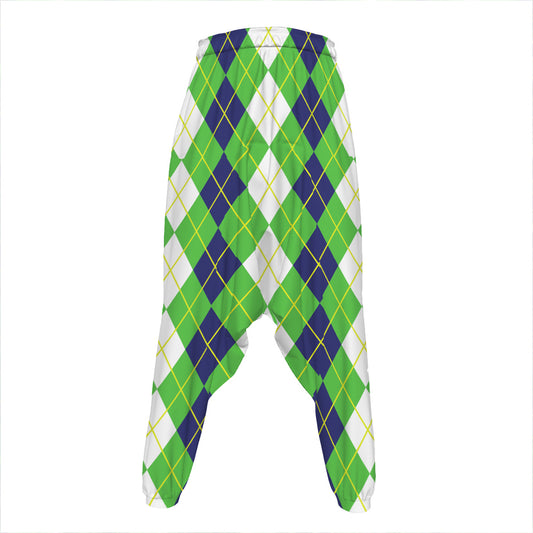 White Green And Navy Argyle Print Hammer Pants