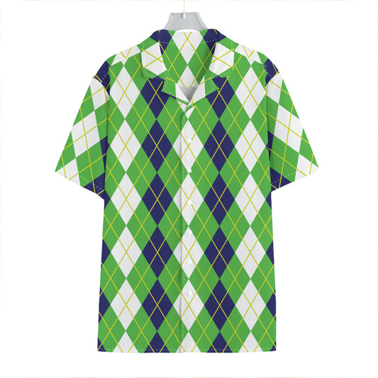 White Green And Navy Argyle Print Hawaiian Shirt