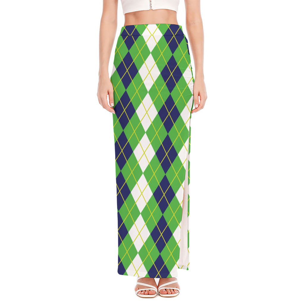 White Green And Navy Argyle Print High Slit Maxi Skirt