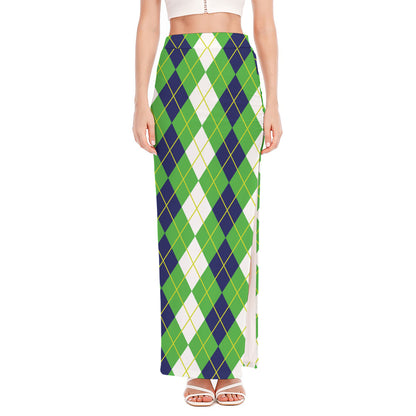 White Green And Navy Argyle Print High Slit Maxi Skirt