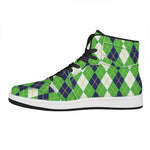White Green And Navy Argyle Print High Top Leather Sneakers