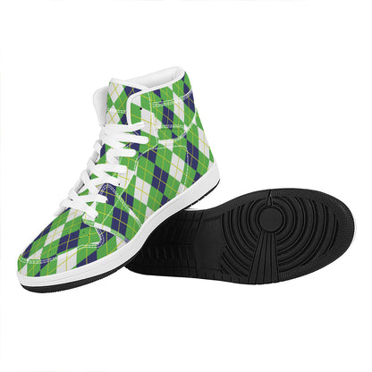 White Green And Navy Argyle Print High Top Leather Sneakers