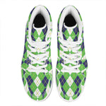 White Green And Navy Argyle Print High Top Leather Sneakers