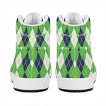 White Green And Navy Argyle Print High Top Leather Sneakers