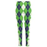 White Green And Navy Argyle Print High-Waisted Pocket Leggings