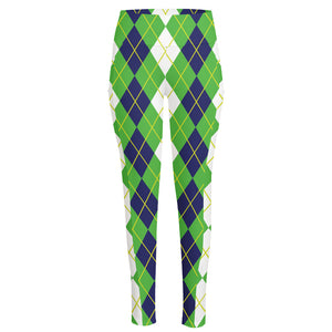 White Green And Navy Argyle Print High-Waisted Pocket Leggings